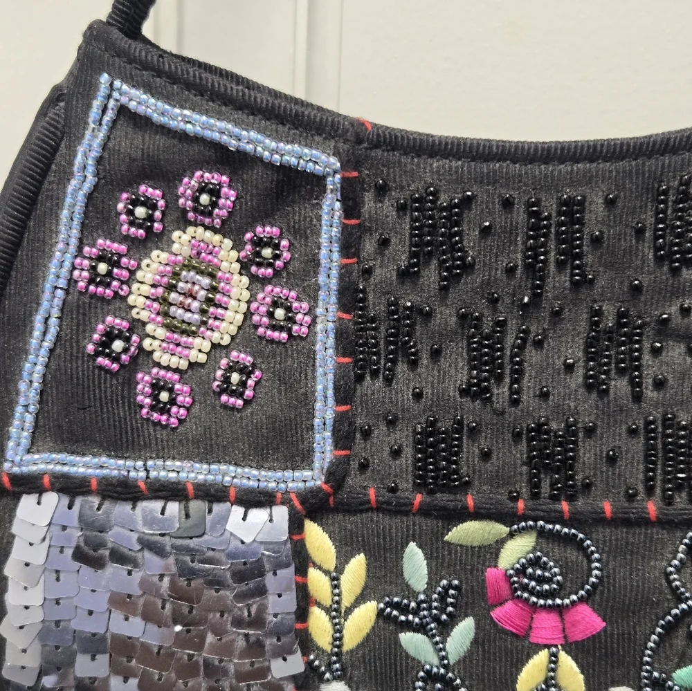 Black Embroidered & Sequin Patch Shoulder Bag